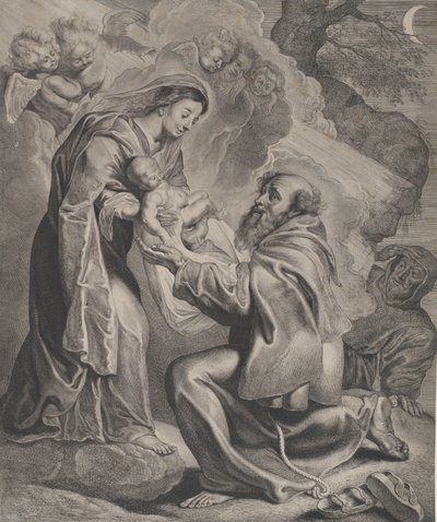 De Visie van Sint Franciscus, knielend rechts, ontvangt het Christuskind van de Maagd door Cornelis de Visscher