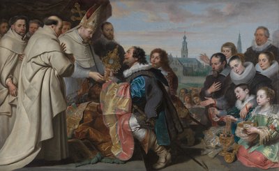 De teruggave van de kerkschatten aan Sint Norbertus na de nederlaag van de ketterse Tankelin, met een portret van de familie Snoeck door Cornelis de Vos