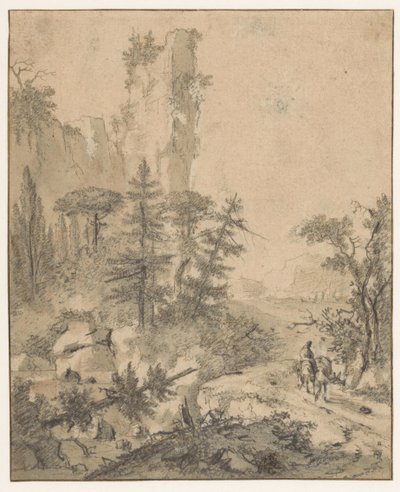 Bergweg met man met twee muilezels door Cornelis de Wael