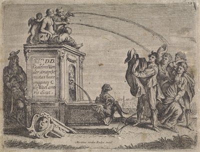 Groep mensen bij fontein door Cornelis de Wael