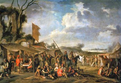 Militair kamp bij enkele ruïnes door Cornelis de Wael