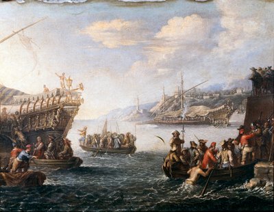 Soldaten die inschepen om tegen de Turken te vechten in de haven van Genua (Schilderij) door Cornelis de Wael