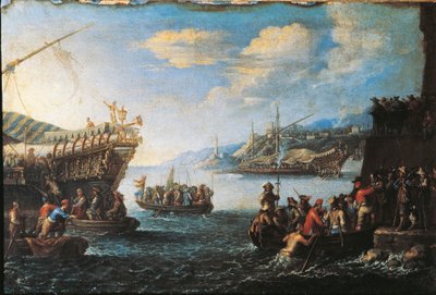 Troepen inschepen op galei in de Haven van Genua door Cornelis de Wael