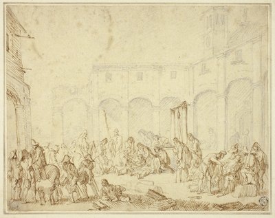 Gewonde soldaten op een binnenplaats op het stadsplein door Cornelis de Wael