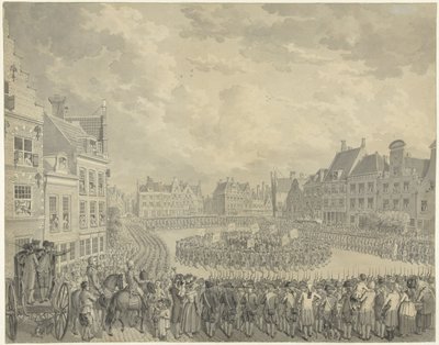 Beëdiging van het College van Gecommitteerden door de schutter-officieren op de Neude te Utrecht, 1786 door Cornelis van Cuylenburgh (II) (signed by artist)