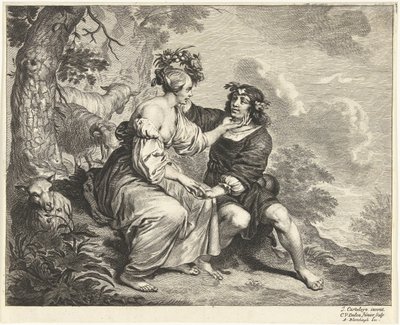 Herder en herderin in landschap door Cornelis van Dalen (II)