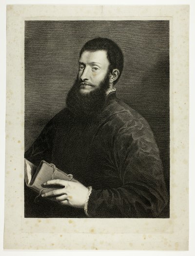 Portret van de dichter Pietro Aretino, uit Cabinet Reynst; Variarum imaginum a celeberrimis artificibus pictarum Caelaturae (Cabinet Reynst: Gravures van verschillende afbeeldingen geschilderd door beroemde kunstenaars) door Cornelis van Dalen II