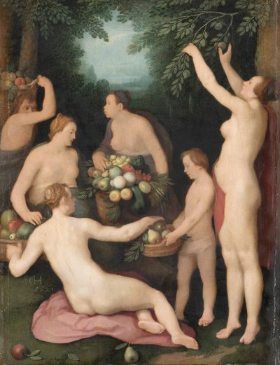 Pomona ontvangt de oogst van vruchten door Cornelis van Haarlem