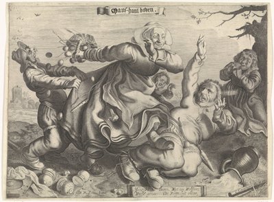 Een vrouw die haar man vertrapt Mans-hant boven (titel op object) door Cornelis van Kittensteyn