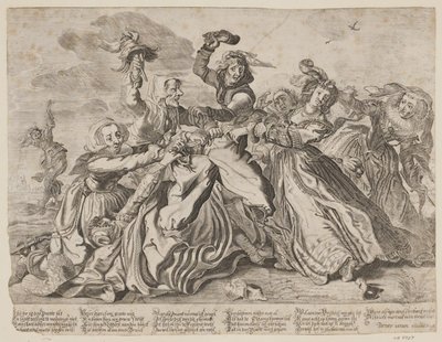Zeven vrouwen vechten om een broek van een man door Cornelis van Kittensteyn