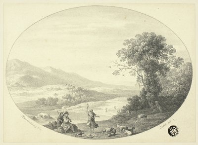 Italiaans landschap met danser, muzikanten en geiten door Cornelis van Poelenburgh