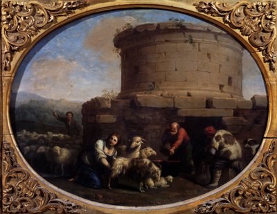 Herders, kuddes en boeren bij een fontein in Rome door Cornelis van Poelenburgh