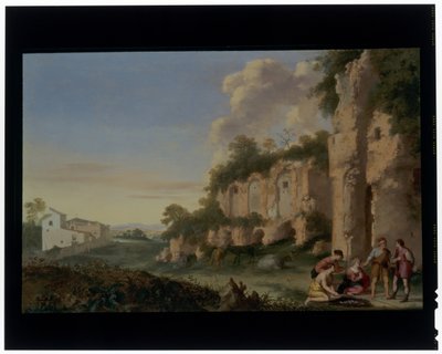 Kaartspelers in een landschap door Cornelis van Poelenburgh or Poelenburch