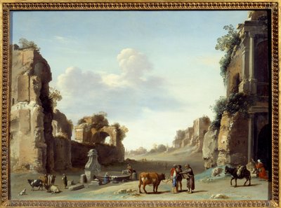 Fantastisch uitzicht op Campo Vaccino in Rome met twee ezels door Cornelis van Poelenburgh or Poelenburch