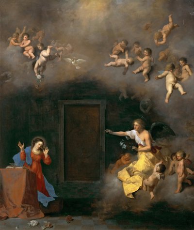 De Annunciatie, door Cornelis van Poelenburgh (1594/95-1667). Olie op koper, ca. 1635. Afmetingen: 48x41 cm. Kunsthistorisch Museum, Wenen door Cornelis van Poelenburgh or Poelenburch