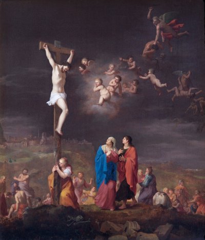 De kruisiging, met de val van de opstandige engelen door Cornelis van Poelenburgh or Poelenburch