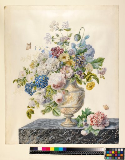 Een marmeren vaas met gemengde bloemen op een marmeren plank, ca. 1800 door Cornelis van Spaendonck