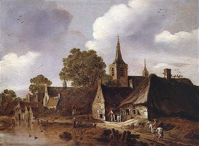 Een dorp bij een rivier door Cornelis van Zwieten