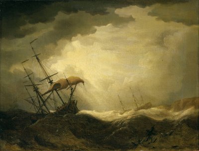 Schepen die op een rotsachtige kust varen in een zware zee, eind 17e eeuw door Cornelis van de Velde
