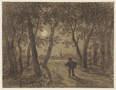 Man wandelend uit een bos bij maanlicht door Cornelis van der Griendt