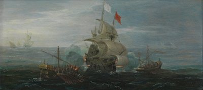 Een Frans schip en Barbarijse piraten door Cornelius Bol