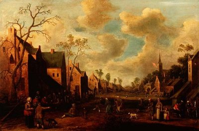 Boeren Feesten in een Dorpsstraat door Cornelius Droochsloot