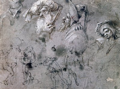 Studie met hoofden met uitdrukkingen, ca. 1468-1533 door Cornelius Engebrechtsz