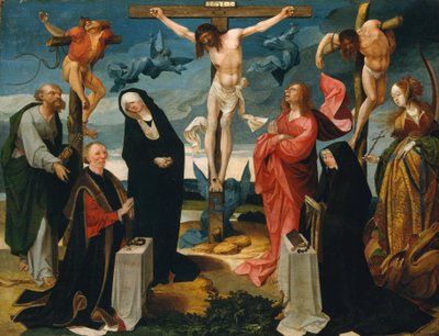 De Kruisiging met Donateurs en Heiligen Petrus en Margaretha door Cornelius Engebrechtsz