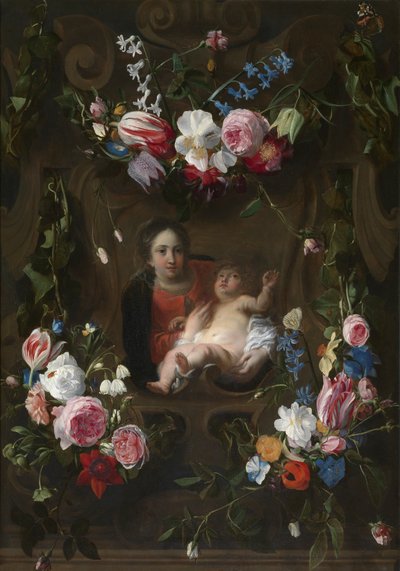 Madonna omringd door een bloemenkrans door Cornelius I Schut