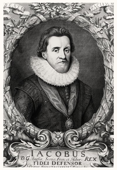 Portret van James I, koning van Groot-Brittannië, gegraveerd door R.White, 1669 door Cornelius I after Johnson