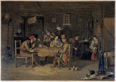 Franse kolonisten in Canada die kaarten spelen - schilderij door Krieghoff door Cornelius Krieghoff