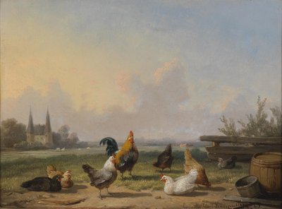 Kippen voor een uitgestrekt Landschap door Cornelius Van Leemputten
