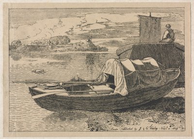Boten op een rivier, molen in de verte, 1809 door Cornelius Varley