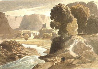 Bergachtig landschap met een kasteel (mogelijk een uitzicht in Wales) door Cornelius Varley