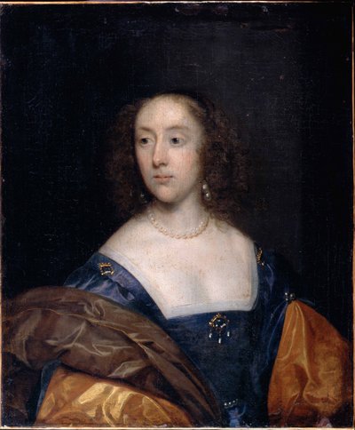 Portret van een dame in blauw door Cornelius the elder Johnson