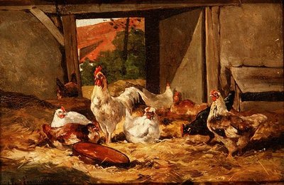 Kippen in een Schuur door Cornelius van Leeputten