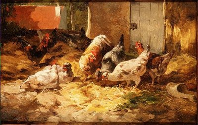 Kippen in een Schuur door Cornelius van Leeputten