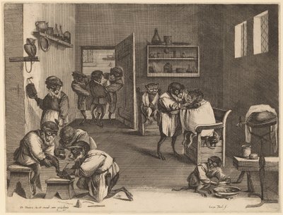 De Kapperszaak van de Apen door Coryn Boel after David Teniers the Younger