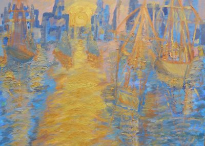 Londen skyline, tall ships en Thames barrier door Cosima Duggal