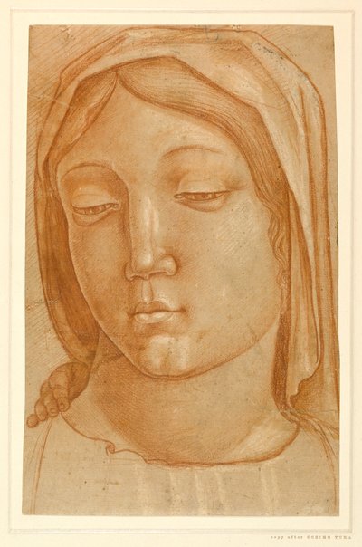 Hoofd van de Maagd, met de vingers van een kinderhand op haar rechterschouder door Cosimo (after) Tura