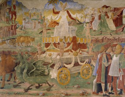 Triomf van Ceres, scène uit Maand Augustus, toegeschreven aan Cosimo Tura (circa 1430-1495) en Meester van Ercole, fresco, noordmuur, Hal van de Maanden, Palazzo Schifanoia (Paleis van Vreugde), Ferrara, Detail, Italië, circa 1470 door Cosimo (attr. to) Tura