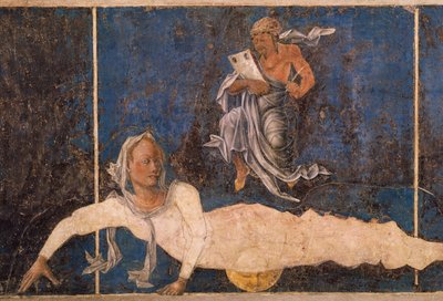 Maagd met deken, scène uit Maand Augustus, ca 1470, toegeschreven aan Cosimo Tura door Cosimo (attr. to) Tura