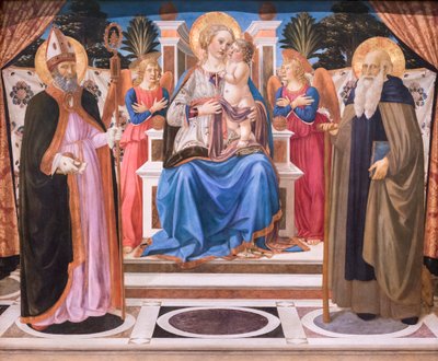 Madonna en Kind op de troon met engelen, Sint Nicolaas en Sint Antonius de Abt door Cosimo Rosselli