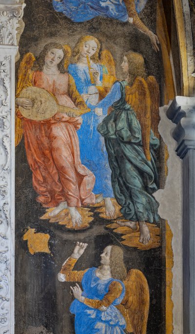 Wonder van het Sacrament: detail met enkele engelen die muziek spelen (fresco) door Cosimo Rosselli