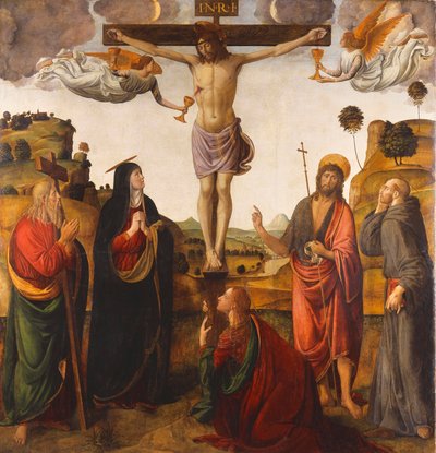 De kruisiging met de Madonna, heiligen Johannes de Doper, Maria Magdalena, Andreas en Franciscus, 1503 door Cosimo Rosselli