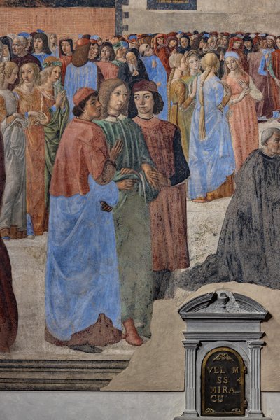 De groep van Neoplatonische humanisten (van links, Marsilio Ficino, Giovanni Pico della Mirandola en Agnolo Poliziano): detail van het 
