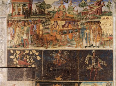 Triomf van Jupiter en Cybele en Teken van Leeuw, scènes uit Maand juli, fresco, noordmuur, Hal van de Maanden, Palazzo Schifanoia (Paleis van Vreugde), Ferrara, Italië, circa 1470 door Cosimo Tura