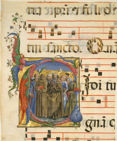 Manuscript Verlichting met Alle Heiligen in een Initiaal V, uit een Antifonarium door Cosmè Tura
