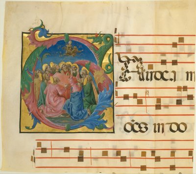 Manuscriptverlichting met de Hemelvaart van de Maagd in een Initiaal G door Cosmè Tura