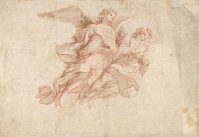 Twee engelen vliegend, verso: God de Vader zittend in de wolken en een schets van een vliegende figuur, ca. 1720 door Cosmas Damian Asam